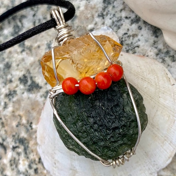 Hand Crafted Other - Citrine, Coral & Moldavite Necklace